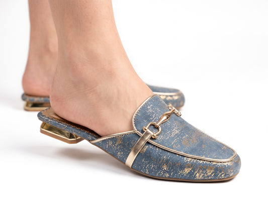 Shoonique Denim Gilt Horsebit Mules
